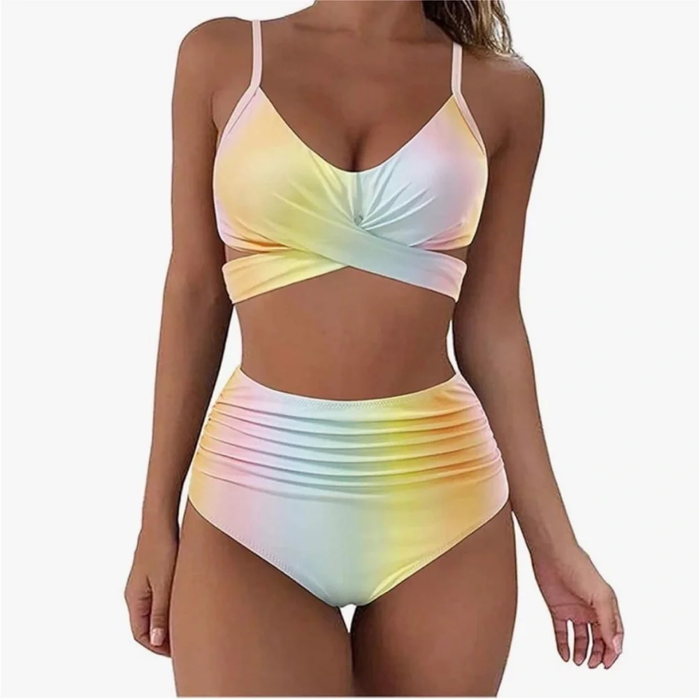 Amazon NEW High-Waisted Rainbow Tie-Dye Bikini Set Criss-Cross Cutout Design